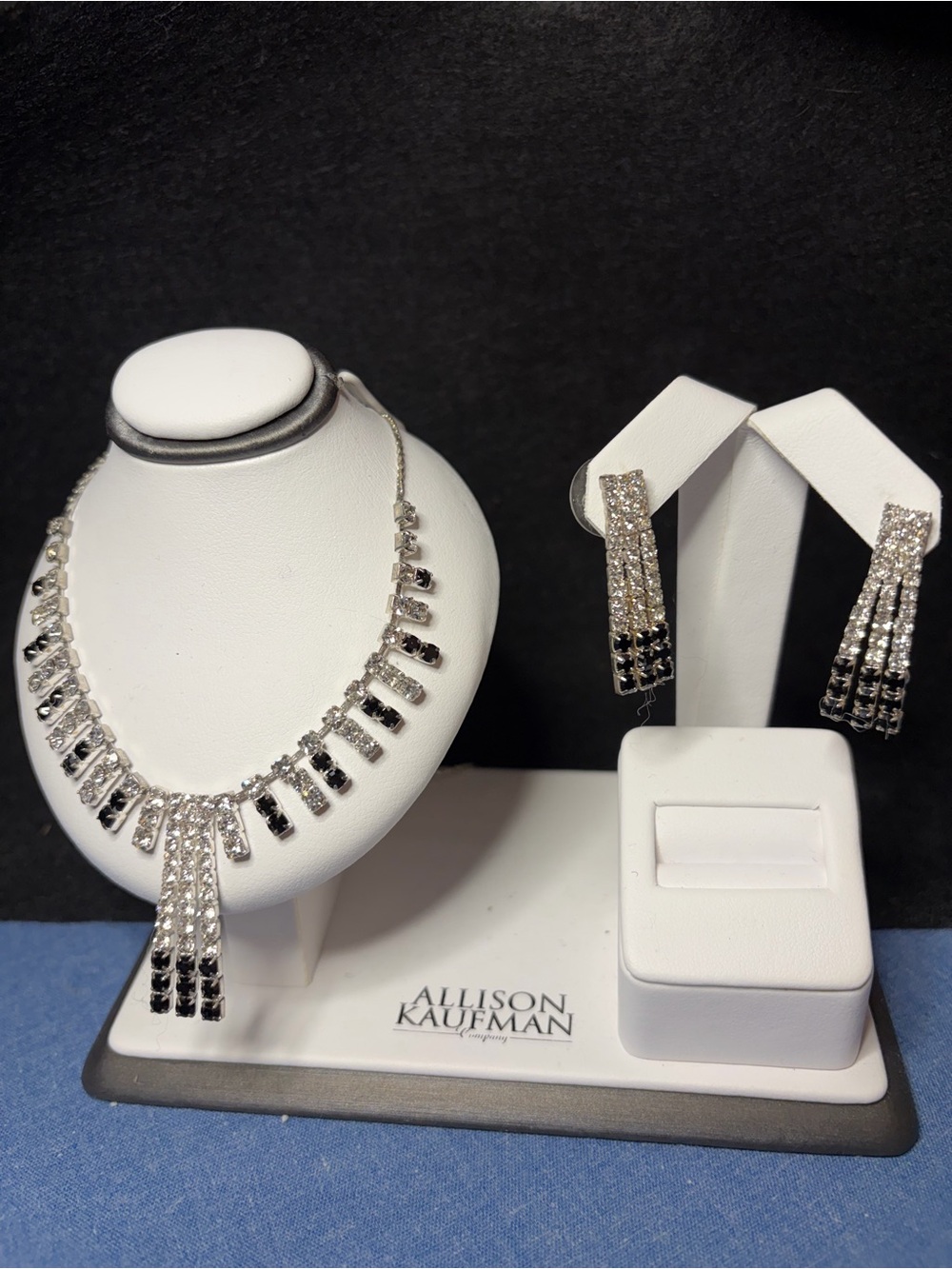 Silver-Tone Black & Clear Crystal Necklace and Drop Earrings